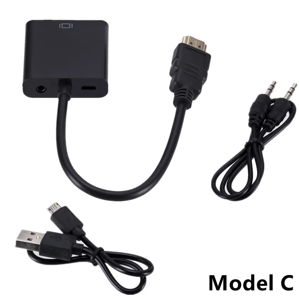 Electronic adapter with HDMI, USB, and audio cables on a white background