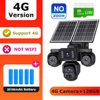 Solar-powered 4G security camera kit with three black cameras, dual solar panels, four blue batteries, and an SD card, shown on a white and orange graphic background with feature callouts.