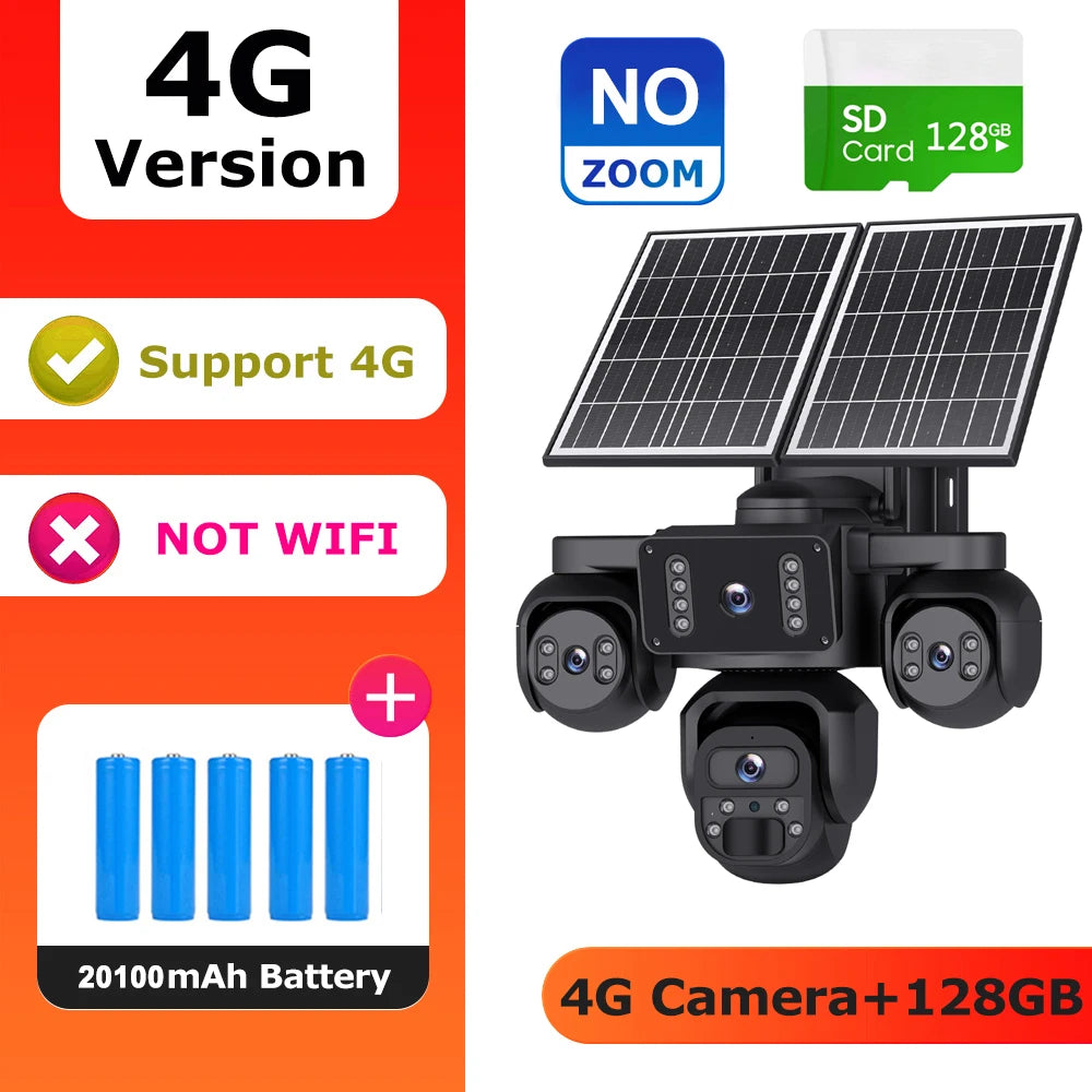 Solar-powered 4G security camera kit with three black cameras, dual solar panels, four blue batteries, and an SD card, shown on a white and orange graphic background with feature callouts.