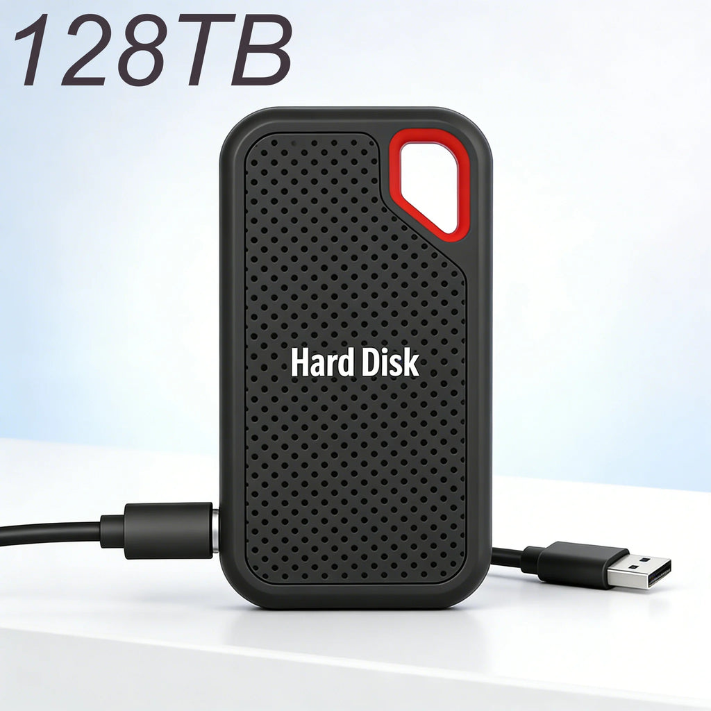 Black external hard disk with 'Hard Disk' text and 128TB capacity on a light gray background