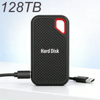 Black external hard disk with 'Hard Disk' text and 128TB capacity on a light gray background