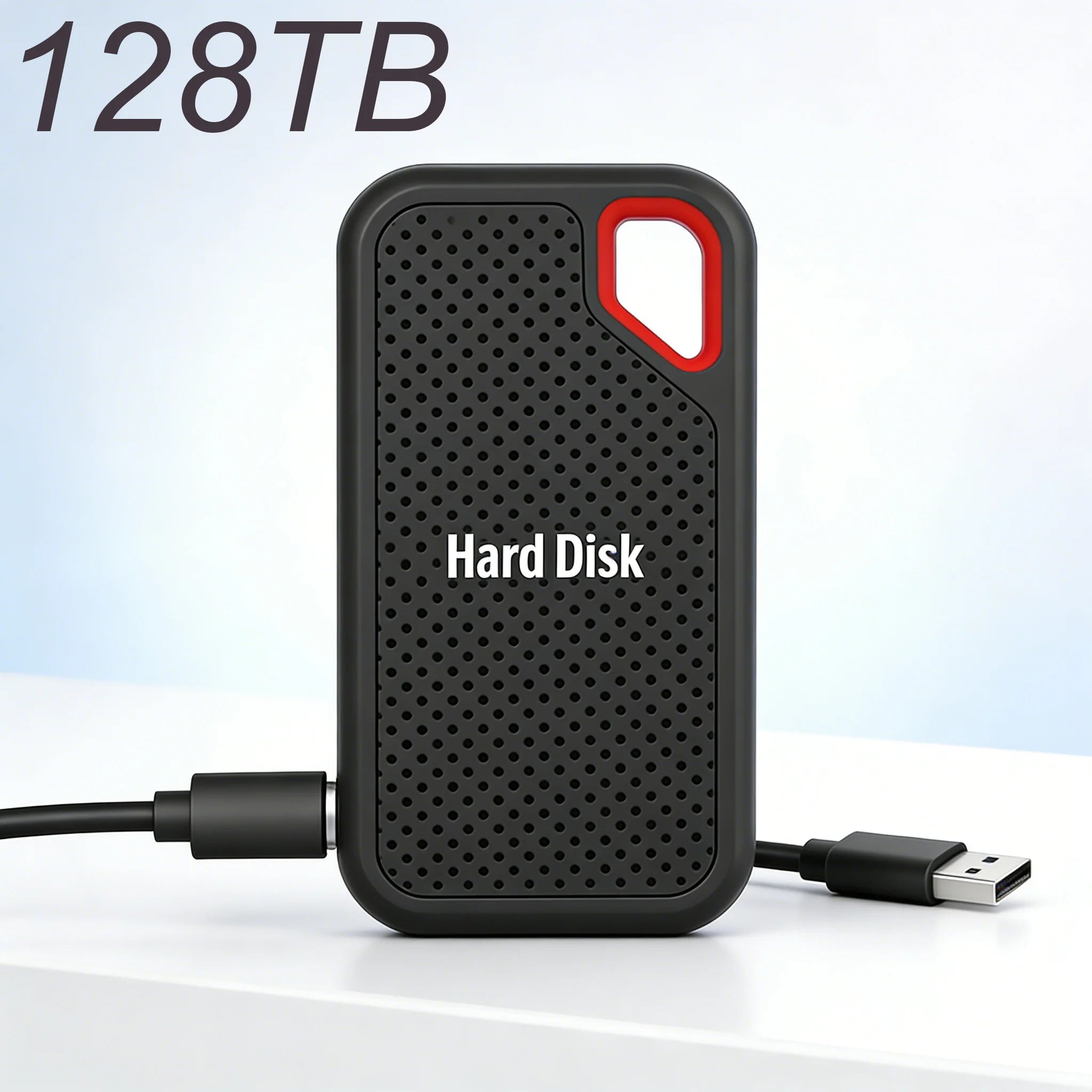 Black external hard disk with 'Hard Disk' text and 128TB capacity on a light gray background