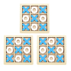 Three wooden tic-tac-toe boards with blue and white markers on a white background