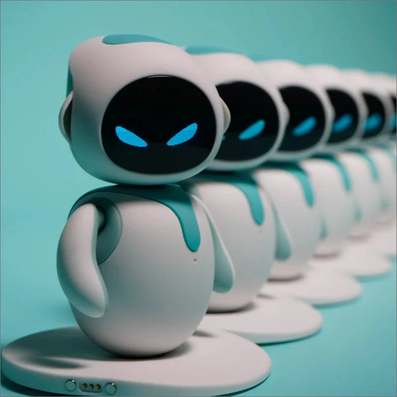 Row of white robots with blue accents on a teal background