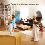Protect your home with the HiEasy 5MP Robot WiFi Indoor Security Camera featuring AI motion detection, night vision, two-way audio, and smart monitoring.
Living room with a robot and a woman holding a cat, featuring AI detection of human movement.