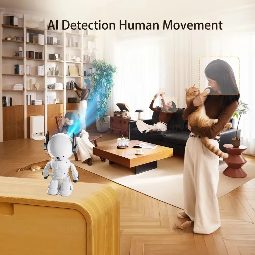 Protect your home with the HiEasy 5MP Robot WiFi Indoor Security Camera featuring AI motion detection, night vision, two-way audio, and smart monitoring.
Living room with a robot and a woman holding a cat, featuring AI detection of human movement.