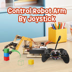 Control robot arm by joystick setup on a desk with colorful blocks and a pen holder.