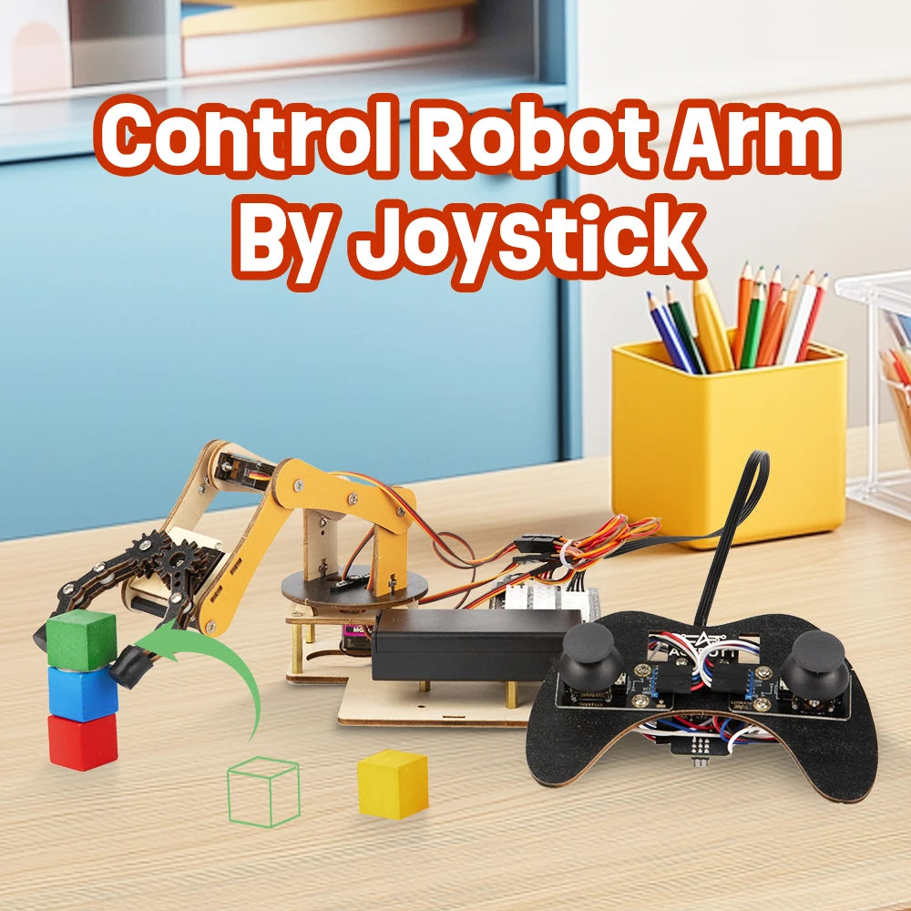 Control robot arm by joystick setup on a desk with colorful blocks and a pen holder.