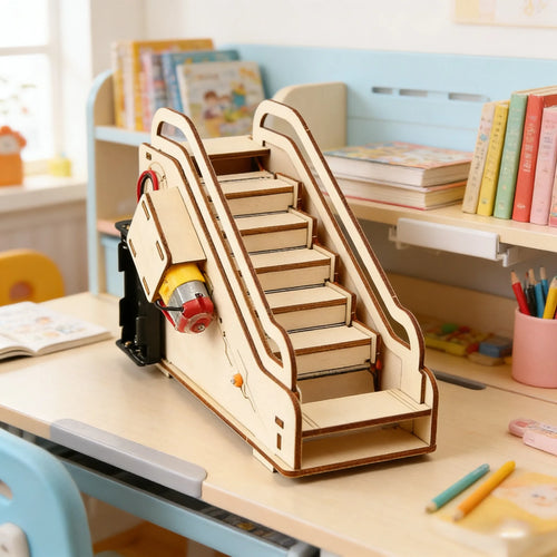 Wooden model of an escalator on a desk with books and stationery in the background