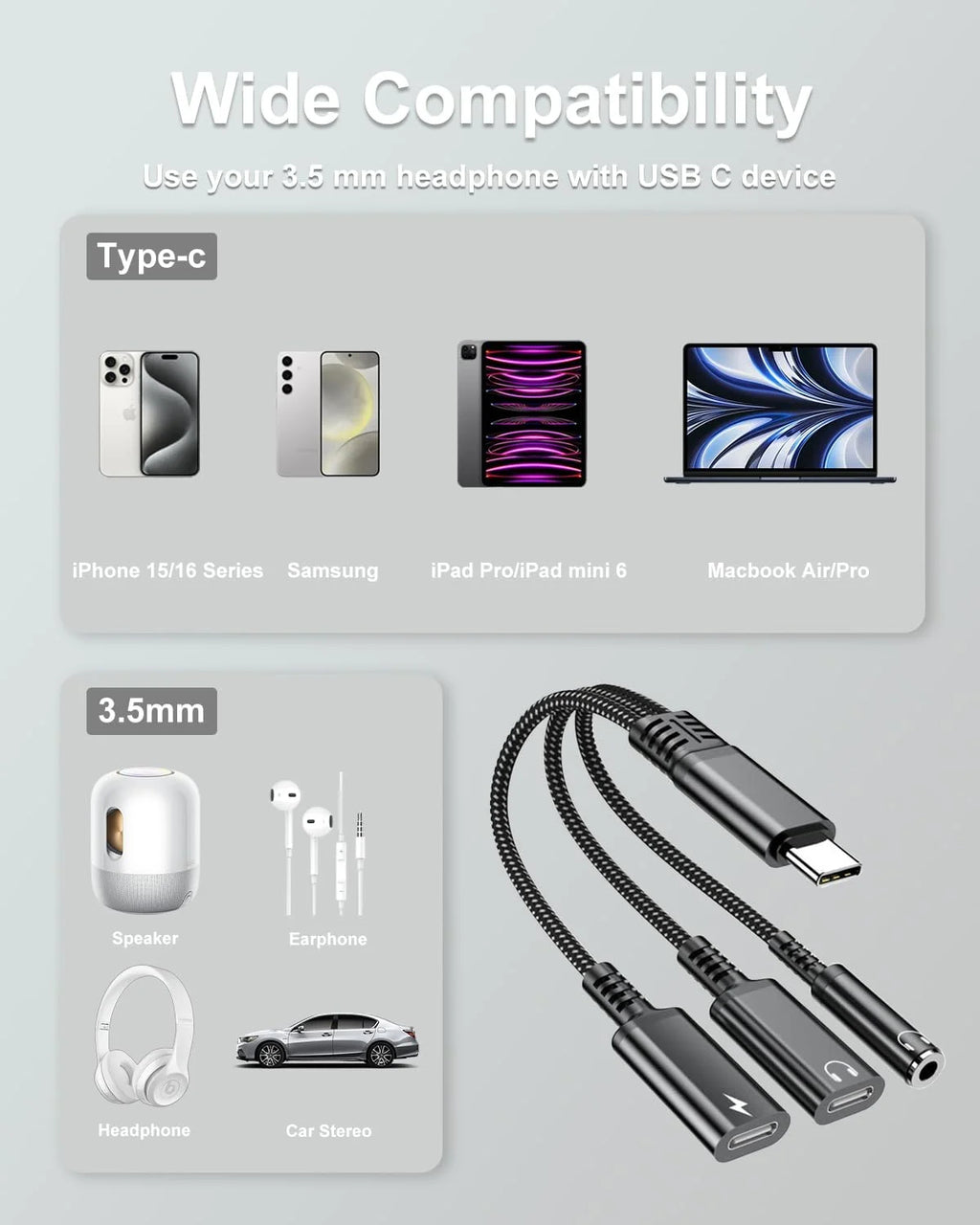 USB-C to 3.5mm Headphone & Charger Adapter 3-in-1 60W PD Fast Charging Audio DAC