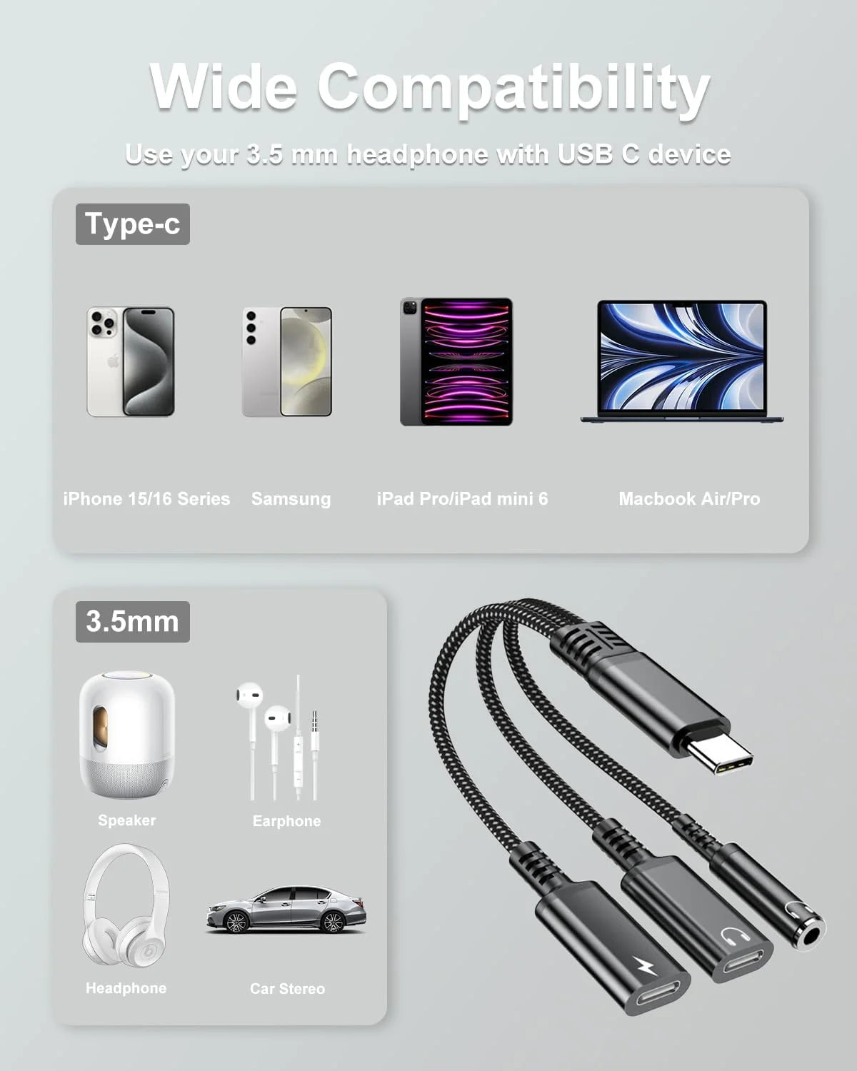 USB-C to 3.5mm Headphone & Charger Adapter 3-in-1 60W PD Fast Charging Audio DAC