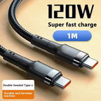 Black USB-C cable with '120W Super fast charge' text on a beige Dual Type C charging Cable.