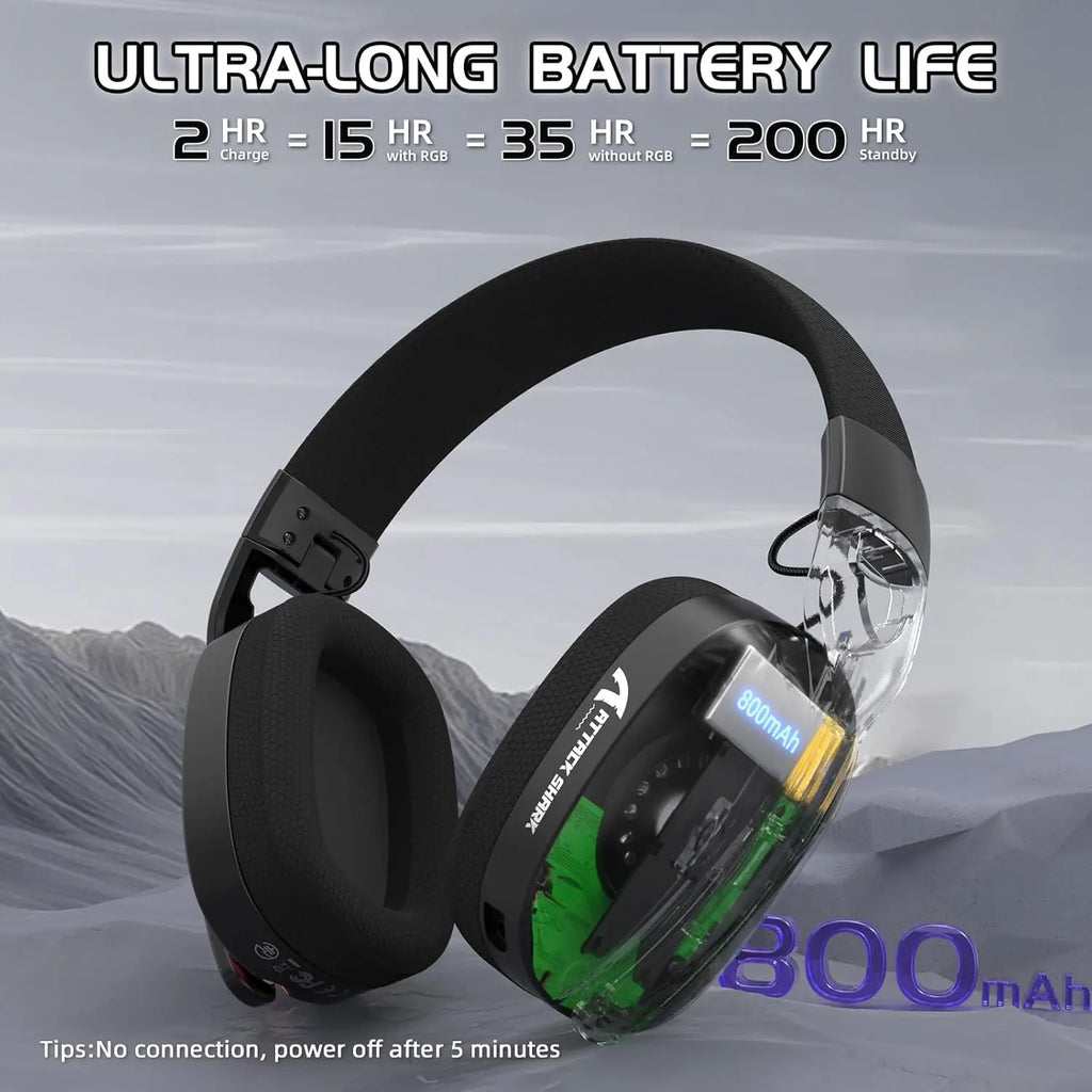 Black headphones with battery display on a mountainous background, highlighting ultra-long battery life.