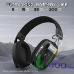 Black headphones with battery display on a mountainous background, highlighting ultra-long battery life.