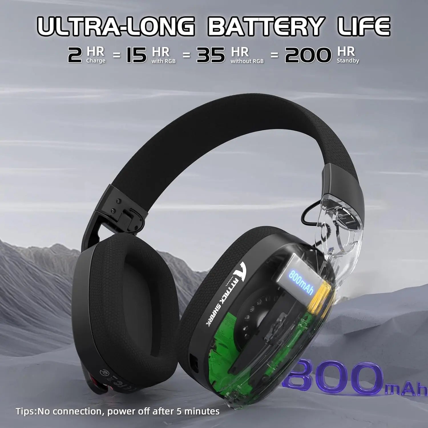 Black headphones with battery display on a mountainous background, highlighting ultra-long battery life.