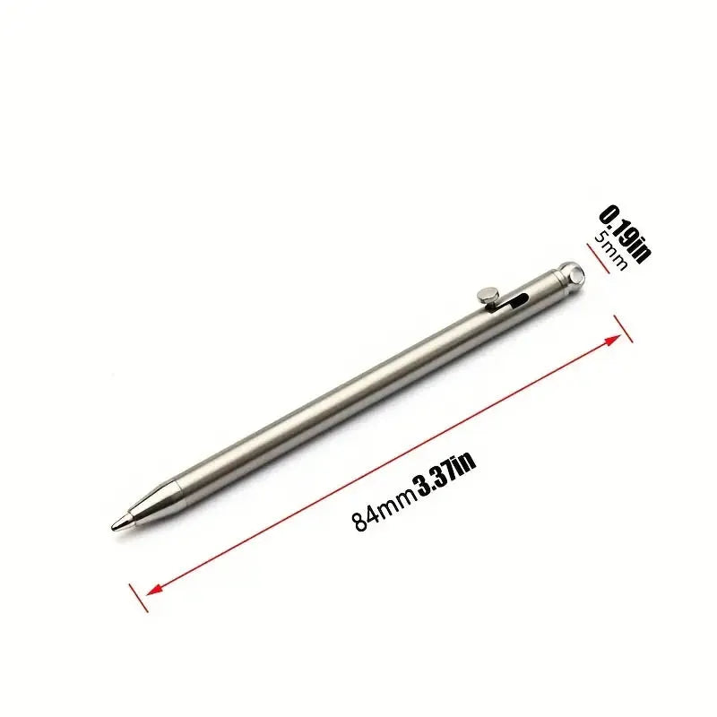 Stainless steel pen with measurements on a white background