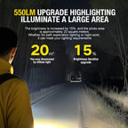 Person wearing a high-intensity light source illuminating a dark path with text detailing brightness upgrade and area coverage.