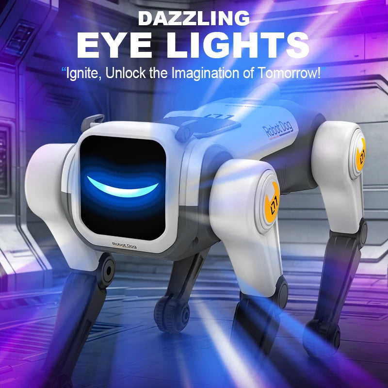Robotic dog with glowing blue eyes in a futuristic setting, featuring text about dazzling eye lights.