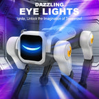 Robotic dog with glowing blue eyes in a futuristic setting, featuring text about dazzling eye lights.
