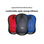 Three Logitech M220 Silent Wireless Mouse in red, black, and blue on a white background.