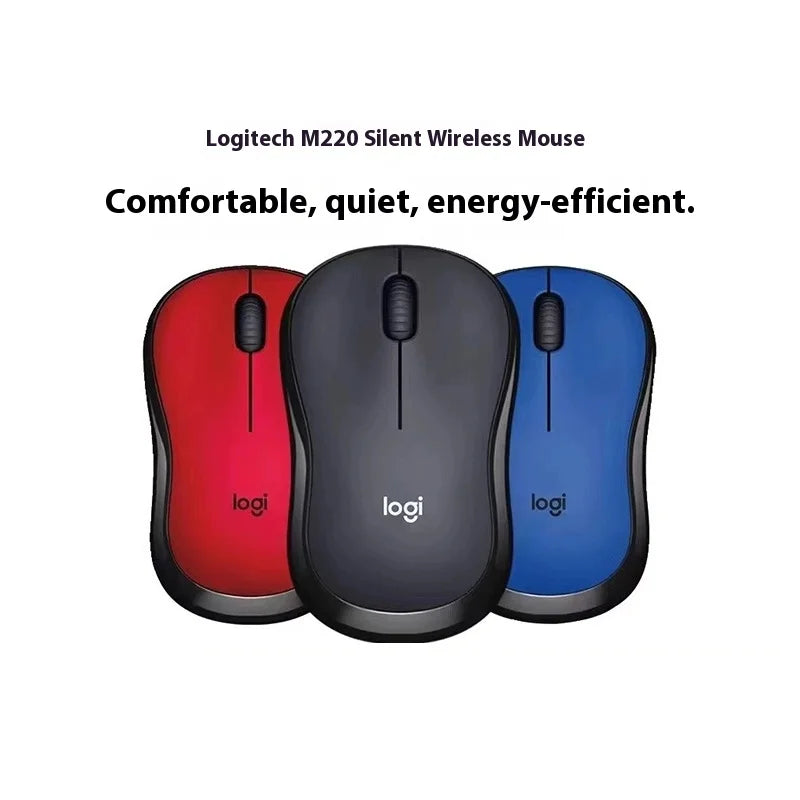 Three Logitech M220 Silent Wireless Mouse in red, black, and blue on a white background.