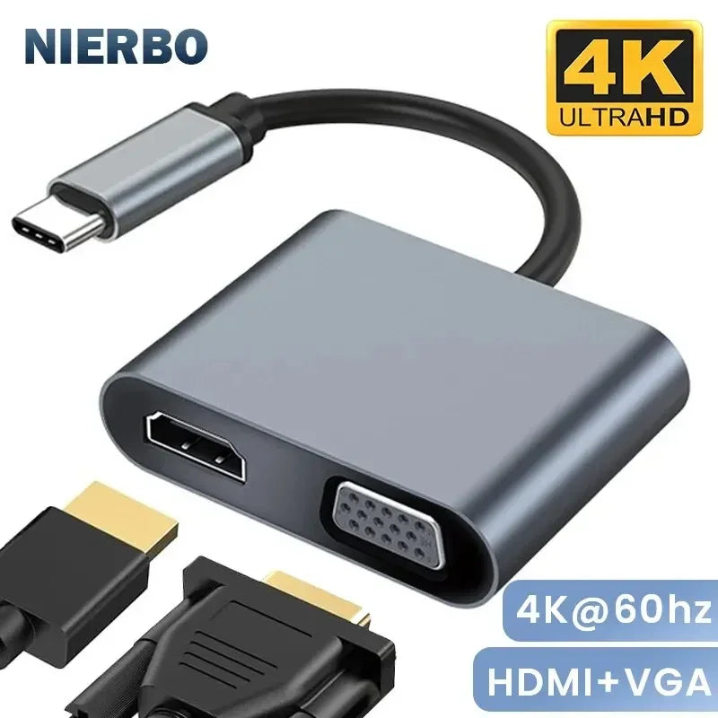HDMI to VGA adapter with USB-C cable, featuring NIERBO branding and 4K UltraHD certification.