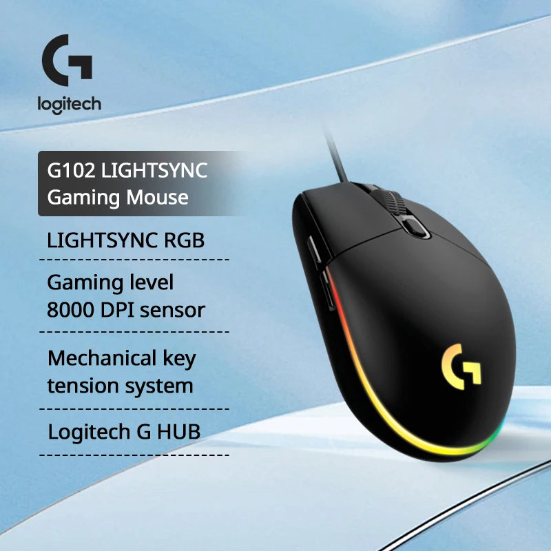 Logitech G102 LIGHTSYNC Gaming Mouse with specifications on a blue background