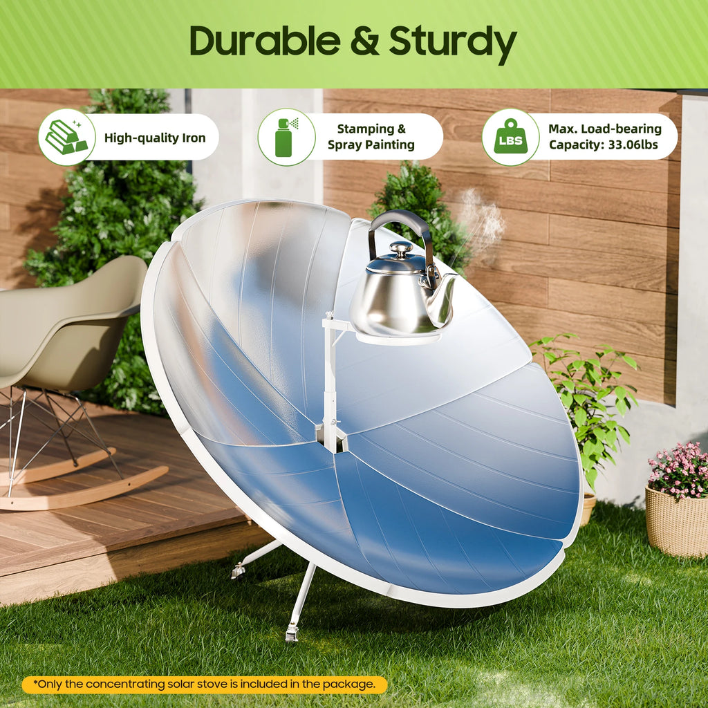Solar stove with a kettle on a grassy area with a wooden deck background