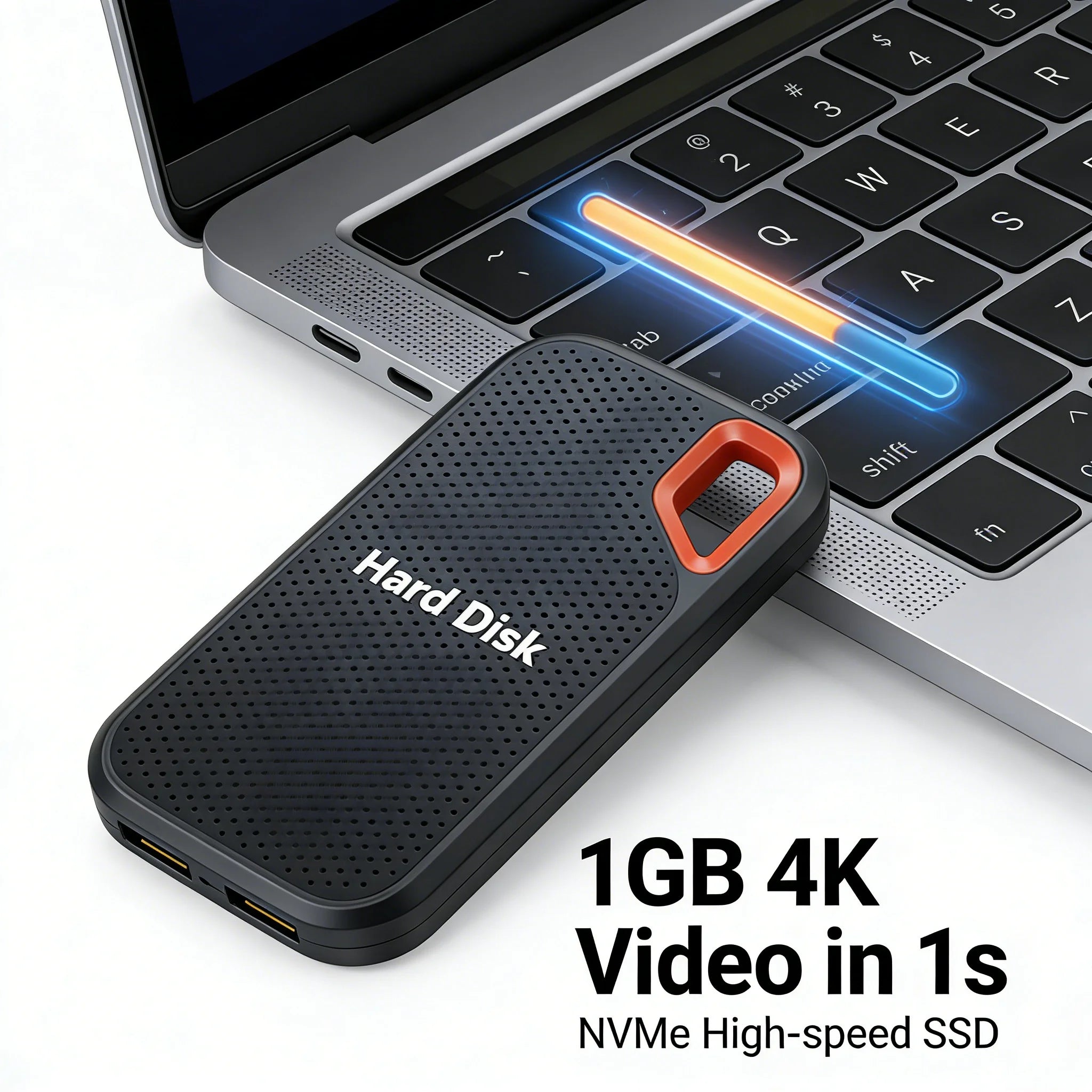 Portable hard disk drive on a laptop keyboard with text highlighting its speed and capacity.
