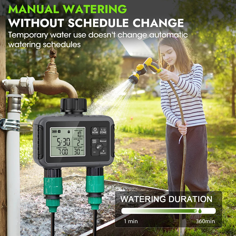 Digital water timer with a woman using a hose in a garden, promoting manual watering without schedule change.