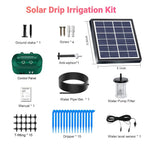 Solar drip irrigation kit with components listed on a white background
