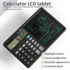 Calculator LCD tablet with digital display and green writing on a white background