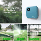 A collage showing a blue HiOazo automatic sprinkler controller mounted on a wall, with text reading 'Effortlessly Create An Exquisite Garden Oasis' and three smaller photos of sprinklers watering a courtyard, lawn, and misting system.