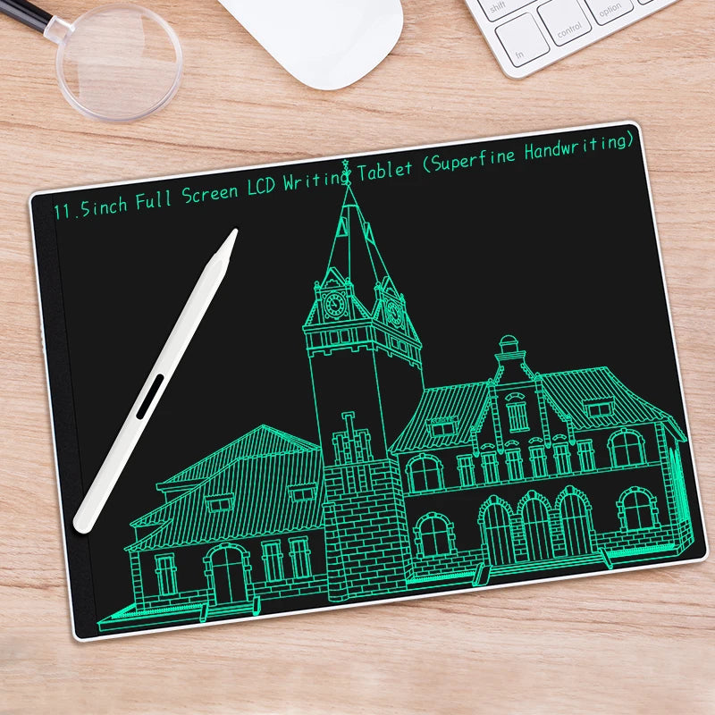 LCD writing tablet with a building drawing on a wooden surface