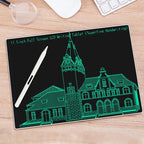 LCD writing tablet with a building drawing on a wooden surface