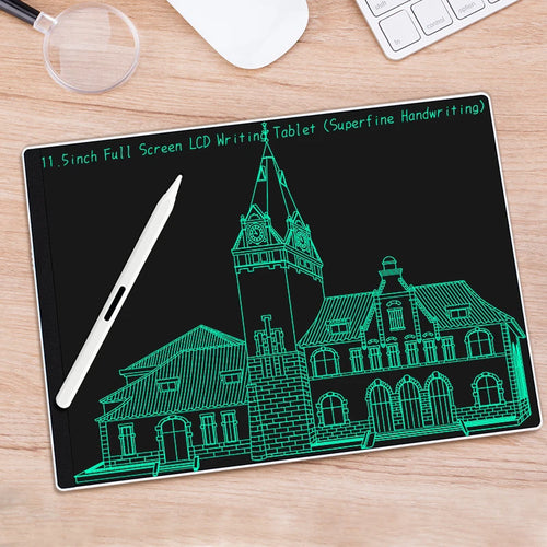 LCD writing tablet with a building drawing on a wooden surface
