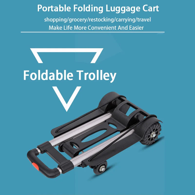 Portable folding luggage cart on a blue background with text highlighting its uses.