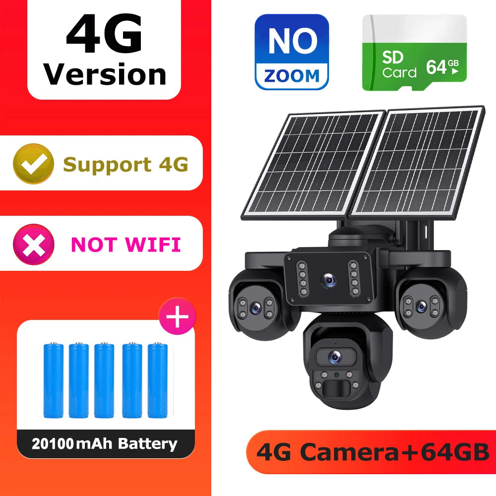 Solar-powered 4G security camera set with three black cameras, dual solar panels, a 64GB SD card, and four blue batteries, shown with promotional text on a white and red background.