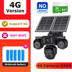 Solar-powered 4G security camera set with three black cameras, dual solar panels, a 64GB SD card, and four blue batteries, shown with promotional text on a white and red background.