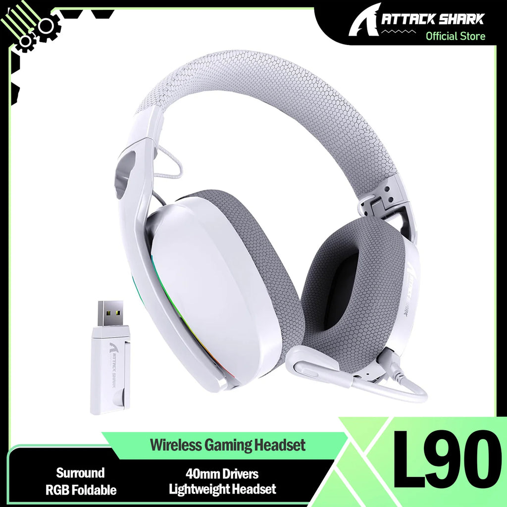 Wireless gaming headset with USB cable on a white background, featuring Attack Shark branding.