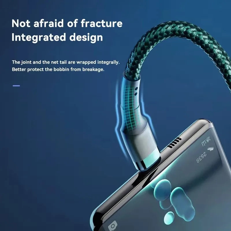 Smartphone with a protective case and braided cable on a blue  background Dual Type C charging Cable
