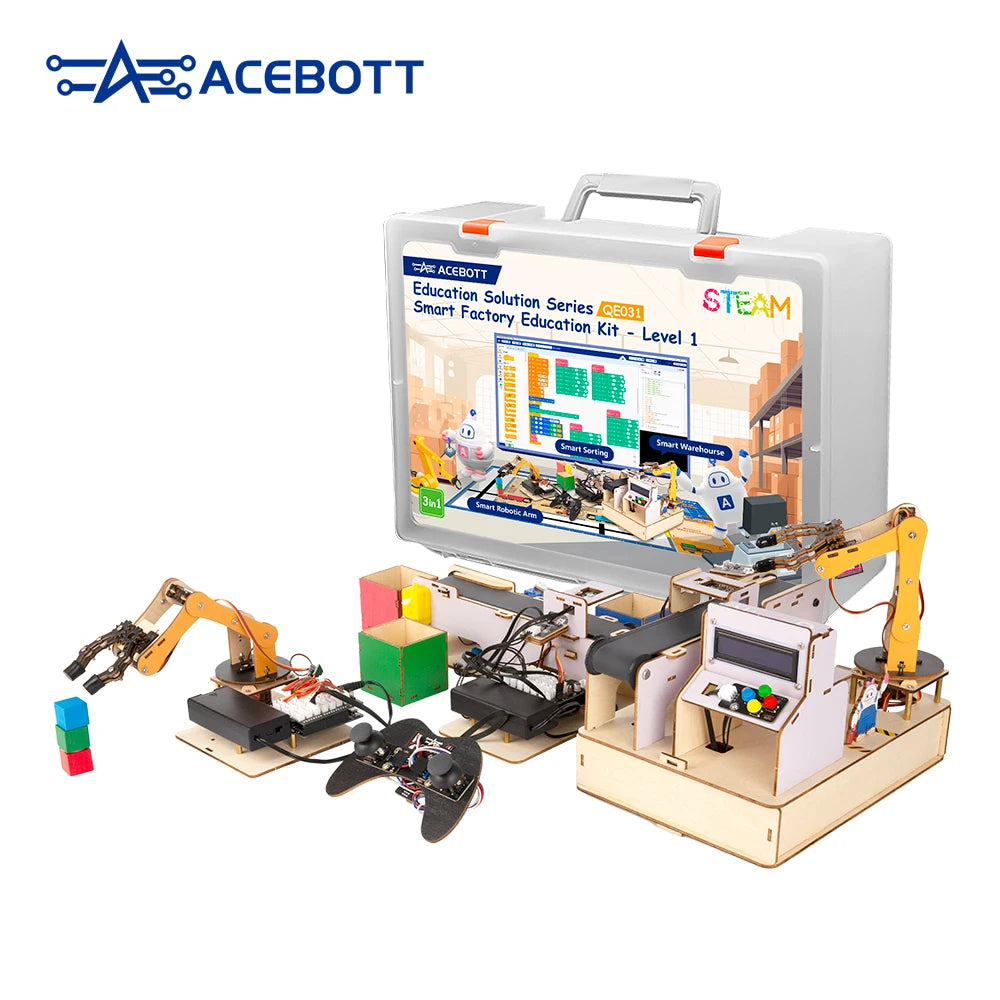 ACEBOTT educational robot kit with screen displaying educational content on a white background