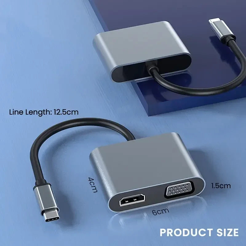 HDMI , VGA adapter with USB-C cable, featuring NIERBO branding and 4K UltraHD certification. cable length