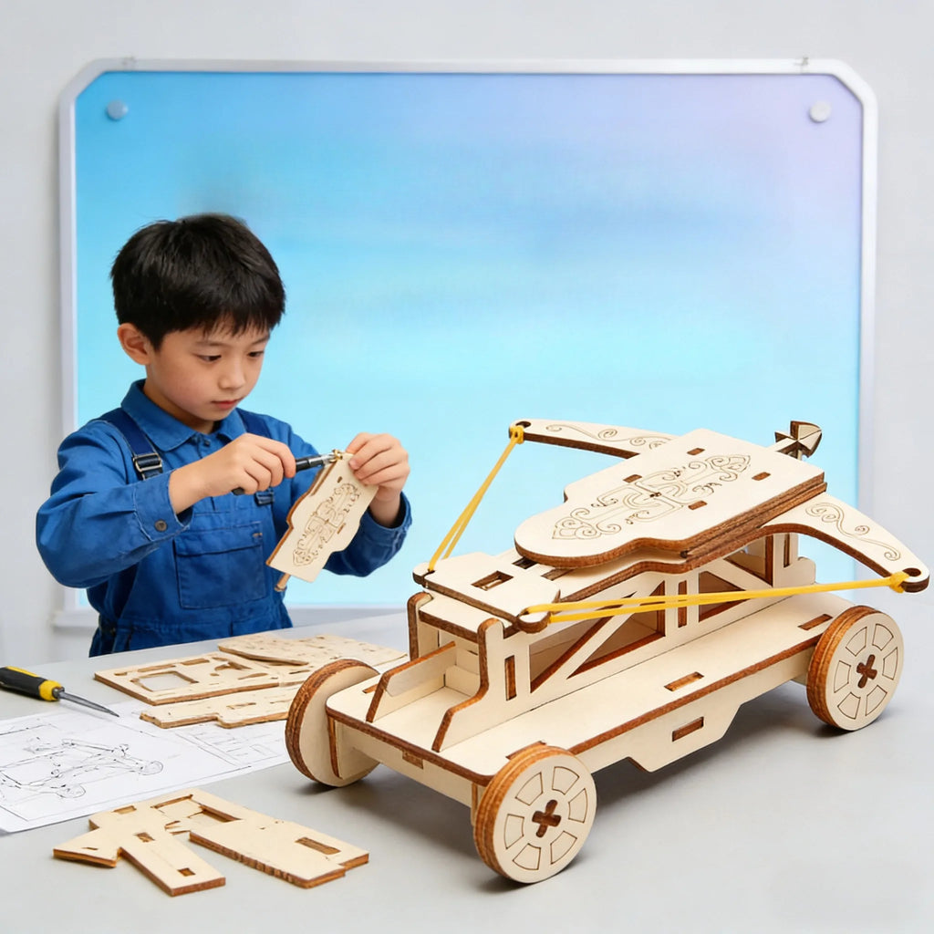 Child assembling a wooden model car kit with a blue screen background