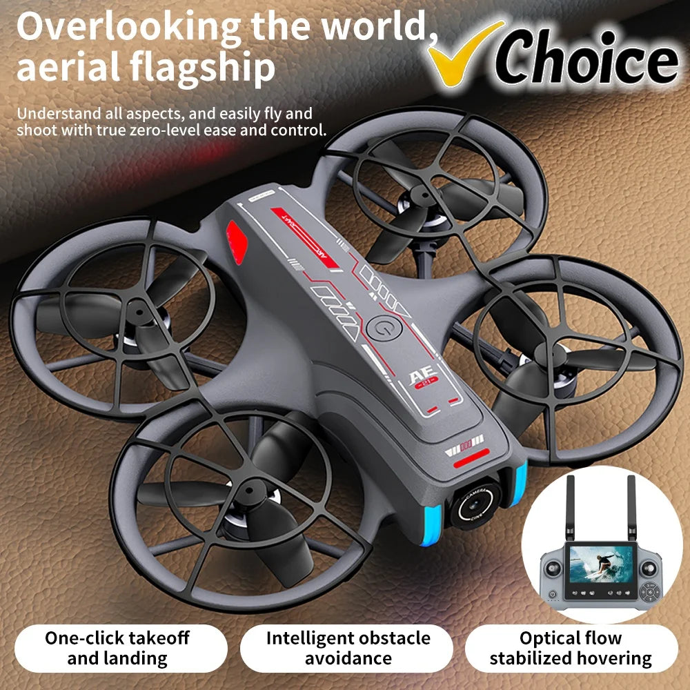 Drone with remote control on a wooden surface, featuring text about its features.