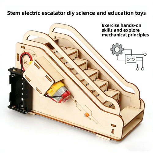 Wooden stem electric escalator DIY science and education toy on a white background