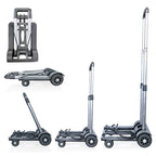 Collapsible hand truck in various stages of extension on a white background