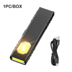 Black flashlight with yellow light and USB cable on a white background