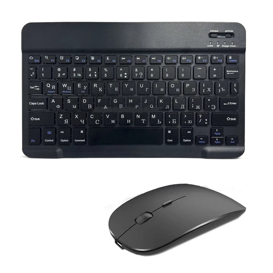 Black wireless keyboard and mouse set on a white background