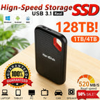 Portable SSD hard disk drive with specifications on a wooden surface